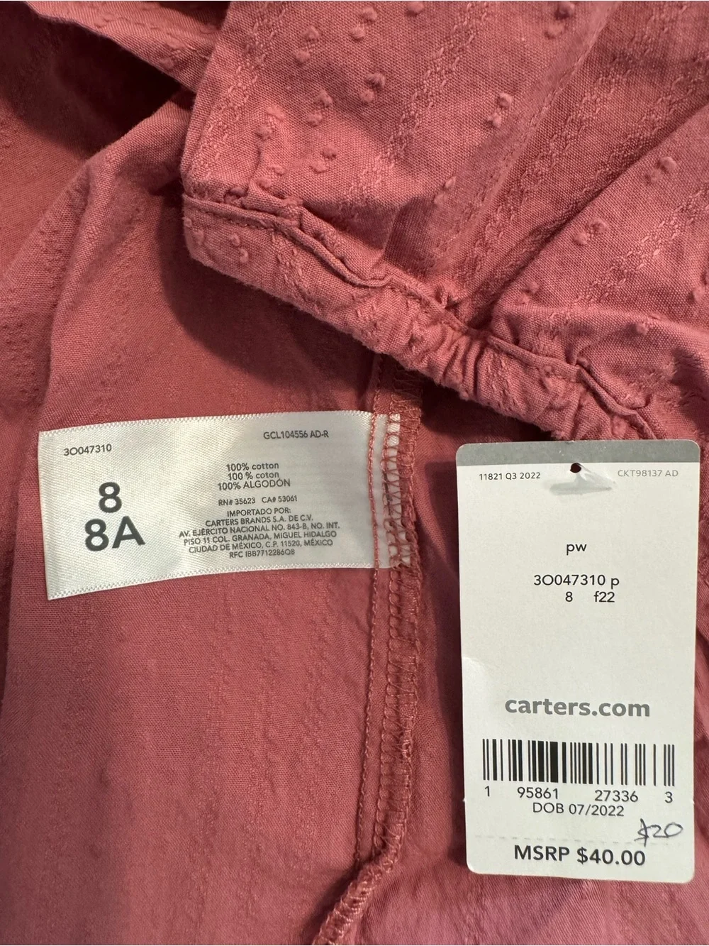 Carter's NWT Girl Rose Pink Long Sleeve Tiered Midi Dress Lightweight Cotton Sz8